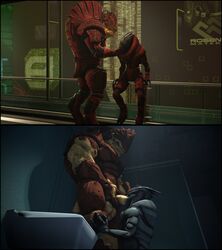 3d_(artwork) absurd_res alien armor balls bathroom blue_eyes cheap-wazoo digital_media_(artwork) duo fellatio genitals hand_on_chin hand_on_head hand_on_knee hand_on_leg hi_res holding_penis interspecies kneeling krogan male male/male mass_effect multi_balls multi_genitalia multiple_images muscular muscular_male nude oral penile penis sex sitting_on_railing size_difference source_filmmaker standing standing_sex turian video_games xenophilia