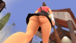 3d anus ass bat big_ass big_thighs black_skirt brown_hair dutch_angle female female_scout femscout from_below jeggosfm miniskirt no_panties ponytail pussy rear_view scout skirt solo tagme team_fortress_2 thick_thighs upskirt walking