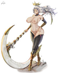 1girls araneesama armor black_legwear breasts circlet crown cutesexyrobutts_(style) detached_collar detached_sleeves expressionless female gold greaves huge_weapon large_breasts long_hair long_legs navel nipples original solo thighhighs weapon white_hair wide_hips