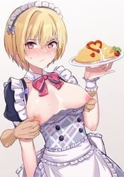 apron black_dress blonde_hair blush bow bowtie breasts breasts_out cherry_tomato closed_mouth commentary cowboy_shot cum cum_on_food cum_on_hair detached_collar disembodied_limb dress eyebrows_visible_through_hair facial female food frills frown glaring grey_background hair_between_eyes highres holding holding_plate idolmaster idolmaster_shiny_colors ketchup looking_at_viewer maid maid_apron maid_headdress medium_breasts misakichintin nipple_tweak nipples omurice plate purple_eyes red_neckwear saijou_juri short_hair short_sleeves simple_background solo_focus sweat tomato wrist_cuffs