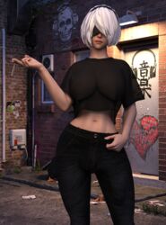 1futa 3d areolae ass back_alley ball_bulge balls balls_under_clothes big_breasts big_penis breasts bulge bulge_down_leg cameltoe cigarette clothed clothing curvy dick dickgirl erection_under_clothes futa_focus futa_sans_balls futanari highres huge_cock jeans looking_at_viewer muscular muscular_futanari nier:_automata nipples penis penis_bulge penis_under_clothes see-through see-through_bra see-through_clothing smoking solo solo_futa standing tight_clothing tiltproofno yorha_2b