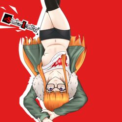 1girls black_shorts black_stockings black_thighhighs breasts clothed clothes clothing coat exposed_breasts eyebrows eyebrows_visible_through_hair female female_only glasses hands_above_head jacket laying_down long_hair looking_at_viewer navel nipples orange_hair persona persona_5 purple_eyes red_background sakura_futaba shadowlewdity shirt_up short_shorts simple_background solo solo_female stockings stomach tank_top thighhighs upside-down