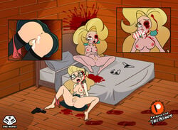 1boy 2girls after_anal after_sex after_vaginal anus ass bar_censor beauty_mark bed bedroom black_bra black_panties black_thighhighs blonde_hair blonde_pubic_hair blood blood_splatter blood_stain bra_removed brown_eyes bullet_hole bullet_wound censored close-up completely_nude_female corpse cum cum_in_ass cum_in_pussy dead death earrings eye_fucking fellatio female female_death full_body functionally_nude_female glasses gore green_eyes gunshot_wound guro hair helluva_boss human indoors irrumatio lips lying martha_(helluva_boss) mayberry_(helluva_boss) mayberry_(human)_(helluva_boss) necrophilia no_shoes on_bed on_floor open_shirt panties_around_leg panties_removed partial_male penis pillow pistol pubic_hair pussy red_lips red_lipstick red_panties running_bond skirt_lift small_areolae small_nipples spread_legs teacher theminus thighhighs tongue tongue_out vivienne_medrano wooden_floor wooden_wall