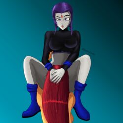 2girls alien alien_girl alien_humanoid blue_boots boots bottomless cartoon_network cunnilingus dc dc_comics drooling eating eyebrows female/female female_only forehead_jewel koriand'r lesbian multiple_girls open_mouth oral orange_skin pale-skinned_female pale_skin purple_eyes purple_hair pussy rachel_roth raven_(dc) red_hair redhead saliva shadowlewdity smooth_skin starfire superheroine tamaranean teen_titans yuri