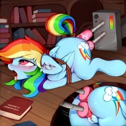 1:1 2021 absurd_res anal anal_sex ass blush bondage cutie_mark digital_media_(artwork) english_text equid equine female feral friendship_is_magic genitals hasbro hi_res inside machine mammal multicolored_tail my_little_pony open_mouth pegasus penetration pussy rainbow_dash_(mlp) rainbow_tail restrained ritter rope sex_machine solo text tongue tongue_out vaginal_penetration wings