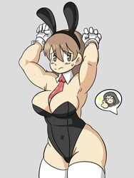 aioi_yuuko alternate_breast_size ass big_ass big_butt black_hair brown_hair bunny_ears bunnysuit butt clothed collar colored glasses gloves headband large_breasts long_hair minakami_mai nichijou sexually_suggestive short_hair shortstack solo solo_female solo_focus stockings suggestive thick_ass thick_thighs thumbs_up tie toni_oni