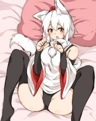 1girls animal_ears black_panties blush breasts clothed clothing female female_only houkai_(collapse_illust) humanoid kemonomimi momiji_inubashiri mostly_clothed no_pants on_back pale_skin panties paw_pose solo spread_legs tagme tail thighhighs touhou white_hair wolf_ears wolf_girl wolf_tail yellow_eyes