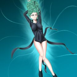 1girls arms_behind_head black_dress breasts clothed clothes clothing cyan_eyes dress erect_nipples_under_clothes eyebrows female female_only green_hair long_sleeves one-punch_man shadowlewdity shoes solo solo_female tagme tatsumaki thick_thighs thighs tight_clothing