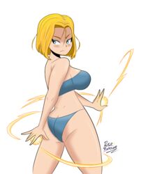 android_18 ass back_view blue_bikini blue_eyes breasts doctorbuguer dragon_ball dragon_ball_super dragon_ball_z energy_ball hair white_background yellow_hair