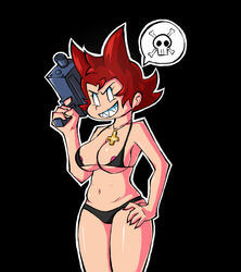 1girls areola_slip big_breasts bikini black_background black_bikini breasts cameltoe cassandra_(newgrounds) chubby cleavage cross_necklace curvy female female_only gun hourglass_figure m1nty navel newgrounds pale_skin pico's_school red_hair redhead sharp_teeth simple_background smile solo solo_female speech_bubble uzi weapon white_eyes