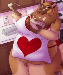 absurd_res anthro apron apron_only canid canine canis clothing cooking domestic_dog erect_nipples female hi_res keeshond khepri khepri_(thatblackfox) kinktober kinktober_2020 mammal mature_female mostly_nude nipples overweight overweight_anthro overweight_female solo spitz thatblackfox_(artist) thick_thighs