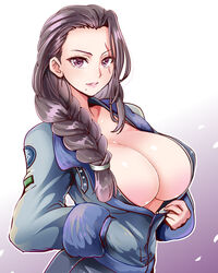 1041_(toshikazu) 1girls big_breasts bodysuit braided_hair breasts cleavage female female_only hi_res large_breasts lips long_hair looking_at_viewer mole mole_under_mouth original scar solo unzipped unzipped_bodysuit unzipping white_background