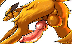 2021 animal_genitalia animal_penis anus ass backsack balls big_balls bodily_fluids canid canine canine_penis carpetwurm clenched_teeth conditional_dnp demon erection feral fox gay genitals hi_res knot knot_root kurama looking_at_viewer looking_back male male_only mammal naruto penis perineum presenting presenting_hindquarters presenting_penis rear_view sheath signature smile solo solo_male sweat teeth vein