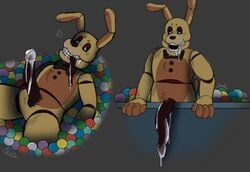 2021 animatronic anthro blue_eyes bodily_fluids boner bow_tie brown_penis brown_tongue button_(fastener) cum digital_media_(artwork) drooling erection fazbear_frights five_nights_at_freddy's five_nights_at_freddy's:_fazbear_frights flaccid fur genital_fluids genitals into_the_pit lagomorph leporid long_ears long_penis long_tongue looking_aside looking_at_genitalia looking_down machine male male_only mammal multicolored_body multicolored_fur open_mouth penis pit_spring_bonnie_(fnafitp) rabbit robot saliva signature solo spring_bonnie spring_bonnie_(fnaf) suckmycoccyx tapering_penis tongue video_games yellow_body yellow_fur