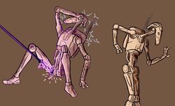 3_fingers ambiguous_gender b1_battle_droid battle_droid brown_background droid electrostimulation fingers genitals hi_res kloaka machine not_furry nude robot simple_background sitting solo standing star_wars tan_body unusual_genitalia