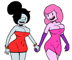 2girls adventure_time black_hair bubble_butt cartoon_network choker cleavage dunnhierdraws edit embarrassed gloves grey_skin hair_bun marceline medium_hair pink_dress pink_hair pink_skin princess_bubblegum red_dress short_dress simple_background thighs tight_clothing tight_dress tight_fit zer0oxygen