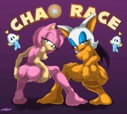 amy_rose anthro anus ass bat breasts chao_(sonic) chiropteran eyeshadow feet hedgehog hedgehoglove lips looking_at_viewer looking_back makeup mammal nipples nude pink_body pink_hair pink_nipples rouge_the_bat signature small_tail sonic_(series) tan_body tan_skin white_hair wings