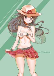 1girls alternate_version_available blush breasts brown_eyes brown_hair clothes collarbone female female_only hand_on_breast hat leaf_(pokemon) long_hair looking_at_viewer medium_breasts miniskirt navel nintendo nipples no_panties pleated_skirt pokemon pokemon_frlg pokemon_trainer pussy red_skirt simple_background skirt skirt_lift smile solo topless vekneim