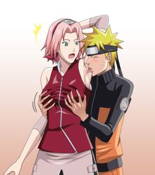 1boy 1girls armpit armpit_crease armpit_fetish armpit_licking armpits arms_behind_back arms_up breast_grab female fetish fully_clothed groping groping_from_behind kink licking naruto naruto_(series) naruto_shippuden ninja qutubuqu red_clothing sakura_haruno saliva short_hair small_breasts smooth_skin standing stinky surprised sweat sweatdrop sweaty_armpits uzumaki_naruto white_background white_skin yellow_hair