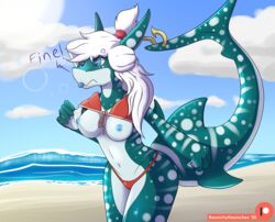 angry beach bikini bikini_top_lift blowing_raspberries blue_nipples breasts cute flashing furry medium_breasts nipples raunchyhaunches red_bikini shark_girl spots tail text topless vivian_plums water white_hair