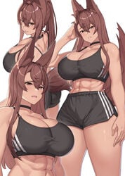 1girls abs big_breasts choker clothed dark-skinned_female exercise female_only fox_ears fox_girl franham gym muscular_female nee-san_(franham) original thick_thighs