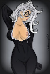 black_cat_(marvel) blue_eyes breasts daikon_(artist) felicia_hardy female female_only human looking_at_viewer marvel mask nipples posing solo spider-man_(series) straight_hair themuffin unzipped_bodysuit white_hair