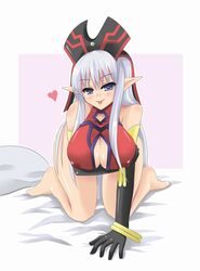 :p all_fours blush breasts cleavage nipples pointy_ears ruin_queen_of_oblivion smile tongue yu-gi-oh!