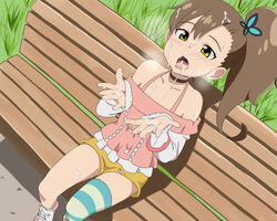 asagiiro_hatena bench blush brown_hair butterfly_hair_ornament choker chousoku_henkei_gyrozetter cum cum_in_mouth cum_on_body cum_on_hair cum_on_upper_body facial female flat_chest grass hair_ornament inaba_rinne long_hair open_mouth outside public side_ponytail sitting solo striped striped_legwear yellow_eyes