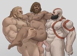 3boys abs aesir_(norse_mythology) anal angry angry_sex ass bald balls bara beard big_penis black_hair blonde_hair blue_eyes braided_beard brown_hair deity double_penetration erection facial_hair feet frown gay god_of_war grey_background hand_on_neck incest kratos light_skin looking_at_partner looking_back magni_(god_of_war) male_only modi_(god_of_war) muscular naughty_face nipples norse_mythology nude pale_skin pecs penis pubic_hair sex soles stand_and_carry_position standing tan_skin tattoo tattoos tevit15 thick_thighs threesome toes veiny_penis yaoi