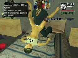 1boy 1girls 3d breasts carl_johnson clothes dark-skinned_male dark_skin female game_ui garry's_mod grand_theft_auto grand_theft_auto:_san_andreas hair hud human human_female human_male human_only interracial male missionary_position screenshot sex straight text thong