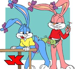 1boy 1girl 1girls anthro babs_bunny buster_bunny female fur furry imminent_pegging imminent_sex jk male mammal pegging rabbit sex_toy straight strap-on strapon tiny_toon_adventures uncensored vibrator