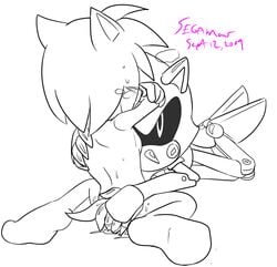 2009 amy_rose anthro blush female furry kneeling male metal_sonic monochrome on_stomach segamew short_hair simple_background sitting sonic_(series) straight uncensored white_background