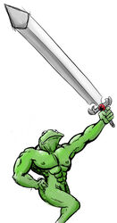 anthro frog green_skin holding_sword kermit_the_frog male male_only muppets muscular_male nude shigoto solo tagme what