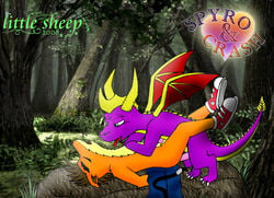 00s 2008 2boys 3d_background anthro anthro_on_feral bandicoot buggery color crash_(series) crash_bandicoot crossover dragon feral fur furry furry_male gay interspecies little_sheep male male_only mammal marsupial multiple_males no_humans screencap_background spyro spyro_the_dragon tongue tree video_games wings yaoi