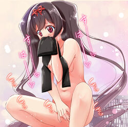 areola_slip areolae bangs black_eyes black_hair black_legwear blush bow breasts completely_nude female fingering hair_ribbon hairbow heart heart-shaped_pupils heavy_breathing implied_yuri long_hair masturbation midori_hemo mitumi_mira nipple_slip nipples nude ochikobore_fruit_tart orgasm pantyhose pussy_juice ribbon simple_background small_breasts smelling solo spread_legs squatting stomach sweat sweatdrop symbol-shaped_pupils symbol_in_eye twintails very_long_hair