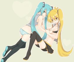 akita_neru aqua_eyes aqua_hair ass bike_shorts blonde_hair blue_striped_panties boots bottomless female flat_chest hatsune_miku high_resolution long_hair multiple_girls navel nipples no_pants panties side_ponytail skirt striped striped_panties thigh_boots thighhighs tied_hair toudou_charo tr twintails underwear vocaloid yellow_eyes yuri