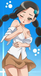 awa bare_shoulders blue_background blush braid candice_(pokemon) female female_only gym_leader human human_only multiple_hair_ties nintendo paw_print pokemon pokemon_dppt skirt solo tied_hair twin_braids twintails undressing wink