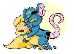 blue_fur burokn_rahata fur furry_ears furry_tail hair interspecies licking neopets nude round_ears side_view tagme tail teal_hair unknown_gender usul xweetok