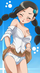 1girls awa bare_shoulders blue_background blush bow_panties braid candice_(pokemon) closed_eyes female female_only gym_leader human human_only multiple_hair_ties nintendo panties paw_print pokemon pokemon_dppt skirt skirt_lift solo tied_hair twin_braids twintails underwear undressing