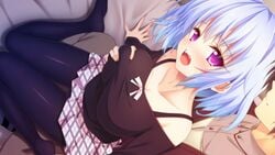 11gatsu_no_arcadia bed blue_hair blush breast_grab breasts cleavage collarbone feet female game_cg hatori_airu hayakawa_harui highres large_breasts legs looking_at_viewer no_shoes open_mouth pantyhose purple_eyes short_hair sitting skirt sweat thighs