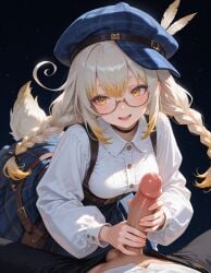 1boy blonde_hair blue_hat blue_skirt blush female handjob hat indie_virtual_youtuber kanna_yanagi large_breasts large_penis penis straight tail testicles two-handed_handjob virtual_youtuber white_shirt yellow_eyes