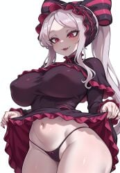 ai_generated big_breasts fangs gothic gothic_lolita lolita_fashion luckypathai overlord_(maruyama) purple_eyes shalltear_bloodfallen thong underwear vampire white_background white_hair white_skin