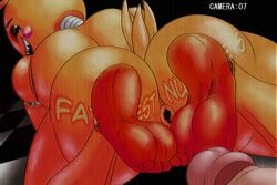 1boy 1girls 2023 animatronic animatronic_female anus ass camera_view ceegee chica_(fnaf) fat_ass feet five_nights_at_freddy's fnaf imminent_anal imminent_penetration imminent_sex looking_at_viewer looking_back looking_back_at_viewer penis sharp_teeth tail yellow_fur