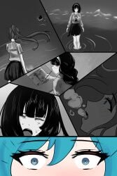 2girls air_bubbles black_hair blue_eyes blue_hair dark_hair drowning flashback glasses marima666_(artist) red_eyes underwater water