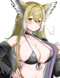 :/ arknights bikini bikini_top choker frown huge_breasts milf open_jacket vulpisfoglia_(arknights) waist_up