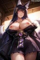 1girls ai_generated azur_lane bare_shoulders big_breasts breasts breasts_out curvy curvy_female face_markings female female female_only fox_ears fox_girl fox_tail from_below fur_trim looking_at_viewer mostly_clothed musashi_(azur_lane) nipples patreon pleated_skirt salupai showing_breasts skirt slit_pupils solo solo_female standing tail uncensored watermark yellow_eyes