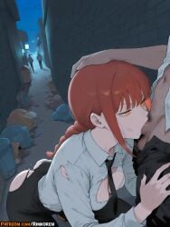 1boy 2025 ai ai_assisted ai_generated alley anime anime_girl anime_style artist_name ass bangs black_necktie black_pants braid braided_ponytail breasts chainsaw_man cleavage collared_shirt fellatio female hi_res high_quality high_res high_resolution highres long_hair long_sleeves makima_(chainsaw_man) male_pubic_hair medium_breasts necktie night oral outdoors pants pants_pull patreon patreon_username penis pubic_hair red_hair ringed_eyes rinkoai shirt sidelocks solo_focus straight sweat testicles torn_clothes torn_pants trash_can uncensored watermark web_address white_shirt yellow_eyes