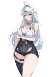 absurdres ahoge bare_shoulders black_unitard blush breasts cleavage cowboy_shot female hair_ornament highres large_breasts long_hair looking_at_viewer mole mole_on_breast single_hair_intake single_thighhigh smile solo thighhighs user_xwgh4342 white_hair yellow_eyes yin_yang_pin yixuan_(zenless_zone_zero) zenless_zone_zero
