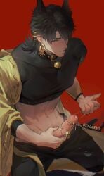 1boy absurdres animal_ears black_hair black_shirt caleb_(love_and_deepspace) calla10 covered_nipples crop_top dog_boy dog_ears dog_tags hand_on_own_penis highres kemonomimi_mode love_and_deepspace male_focus medium_hair midriff penis penis_grab red_background shirt simple_background solo stomach toned toned_male twitter_username