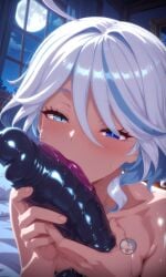 ai_generated bangs blue_eyes blue_hair blush female furina_(genshin_impact) genshin_impact half-closed_eyes heterochromatic_eyes heterochromatic_pupils heterochromia holding holding_dildo holding_object hoyoverse illyfurina licking licking_dildo naked naked_female nose nude nude_female pixai seducing seduction seductive seductive_body seductive_eyes seductive_gaze seductive_look seductive_pose short_hair stable_diffusion streaked_hair tease teasing teasing_viewer white_hair